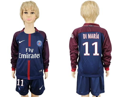 Paris Saint-Germain #11 Di Maria Home Long Sleeves Kid Soccer Club Jersey